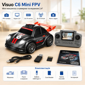 Машинка на радиоуправлении Visuo C6 Mini FPV 1:32 Black – мини RC автомобиль с HD камерой, экраном 2.4", интерактивными режимами Follow и Escape, 2.4 ГГц, до 25 минут, до 30 м